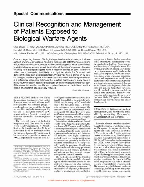 Clinical Recognition & Management of Patients Exposed to BW Agents